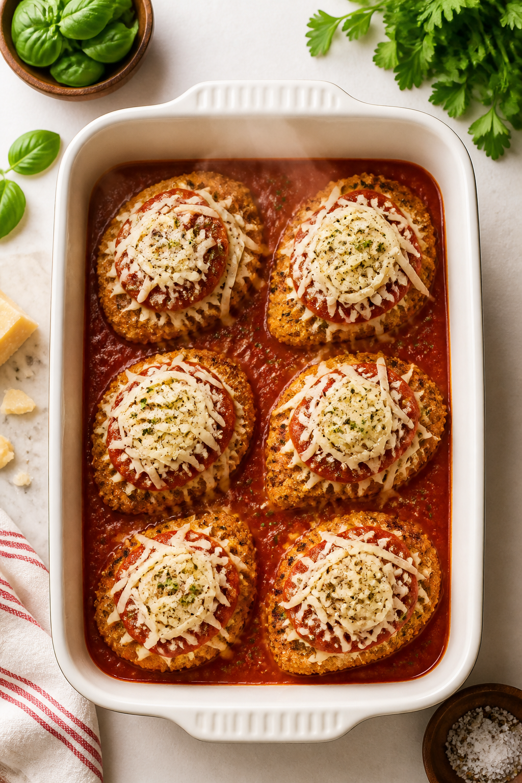 Cooking process: Chicken Parmesan bake mid-assembly in a 9x13 baking dish—each nearly-cooked cutle
