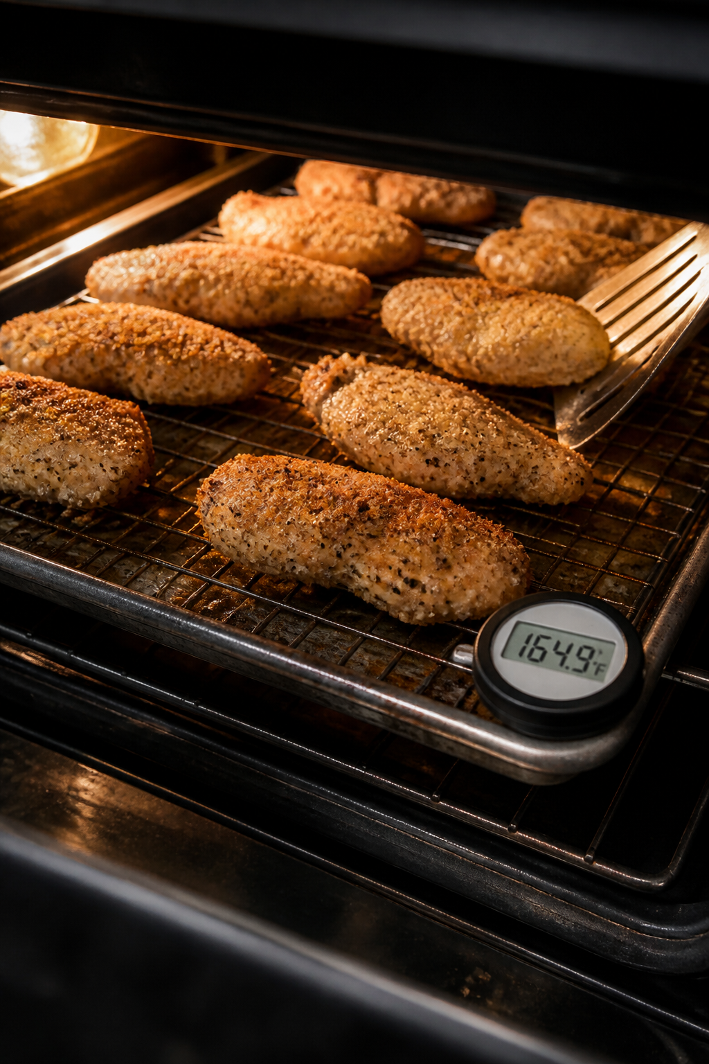 Cooking process: Chicken tenders mid-bake on a preheated sheet pan with wire rack, evenly spaced for