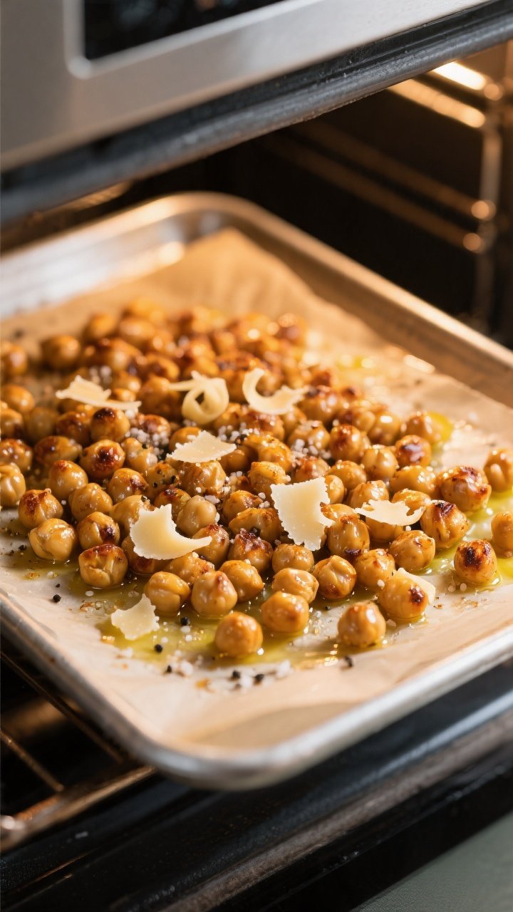 Cooking process: Chickpeas roasting on a parchment-lined sheet pan inside an open oven, lightly cris