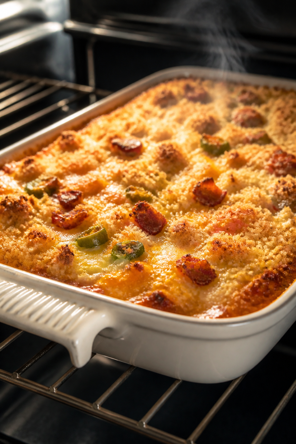 Cooking process close-up: A 9x13-inch baking dish on the oven rack mid-bake, showing the Creamy Jala