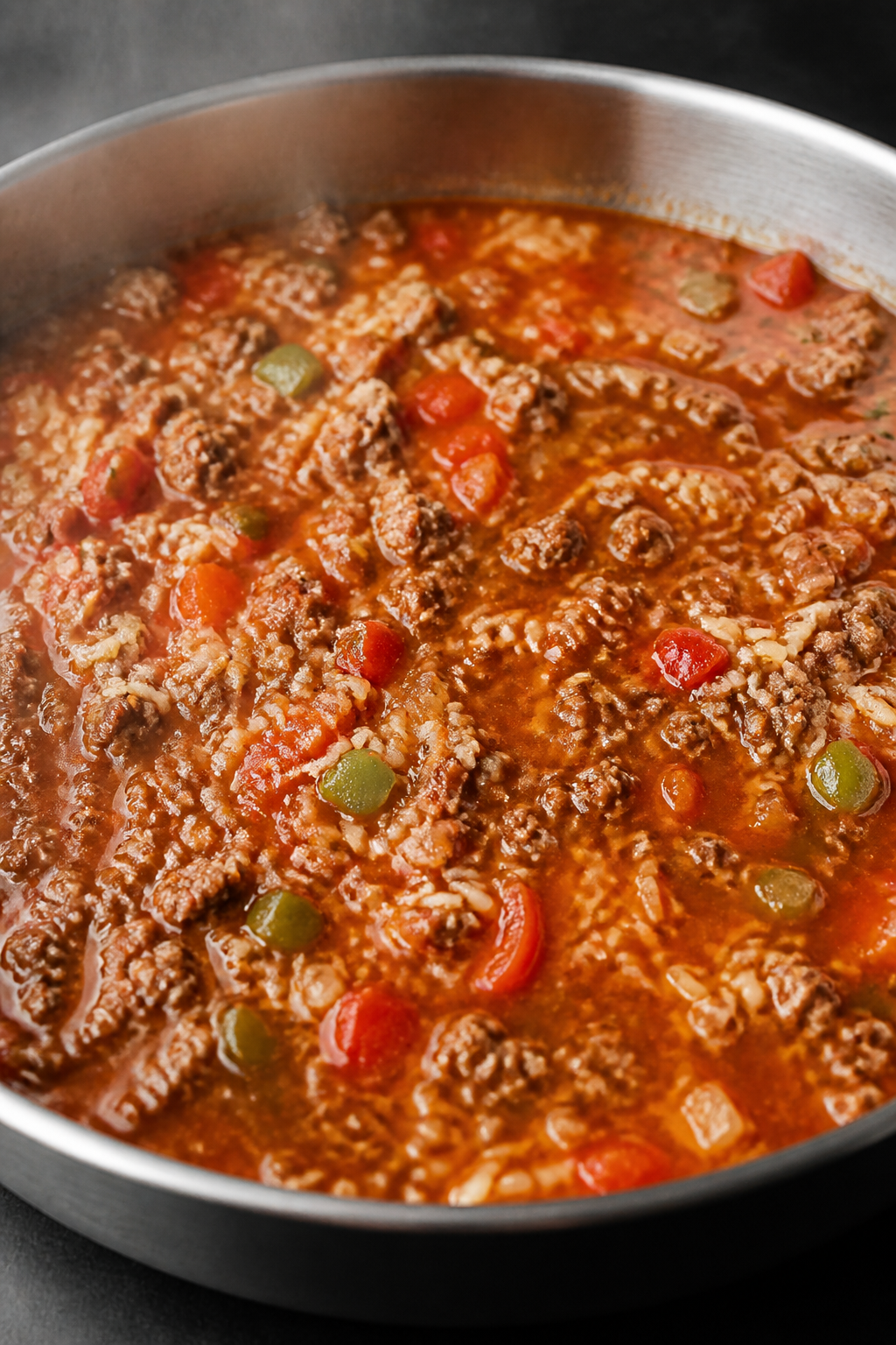 Cooking process close-up: A bubbling skillet of browned ground beef with softened diced onion and be