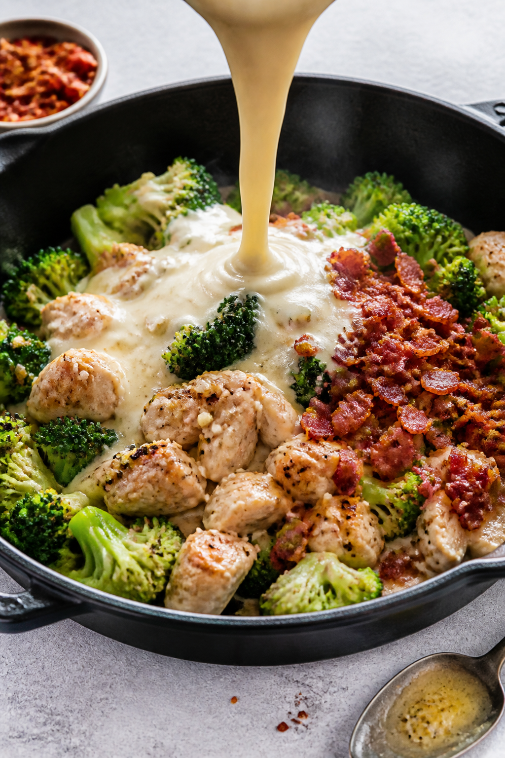 Cooking process close-up: A skillet scene where chopped, cooked chicken and crisp crumbled bacon are