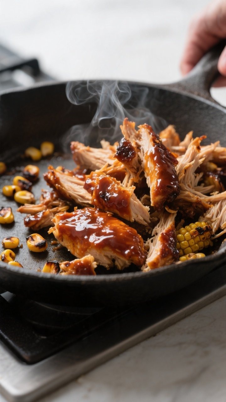 Cooking process close-up: BBQ chicken being tossed in a skillet off the heat until glossy and coated
