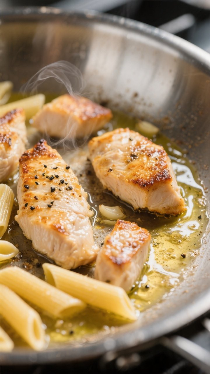 Cooking process close-up: Bite-size chicken breast pieces searing in a wide stainless-steel skillet,
