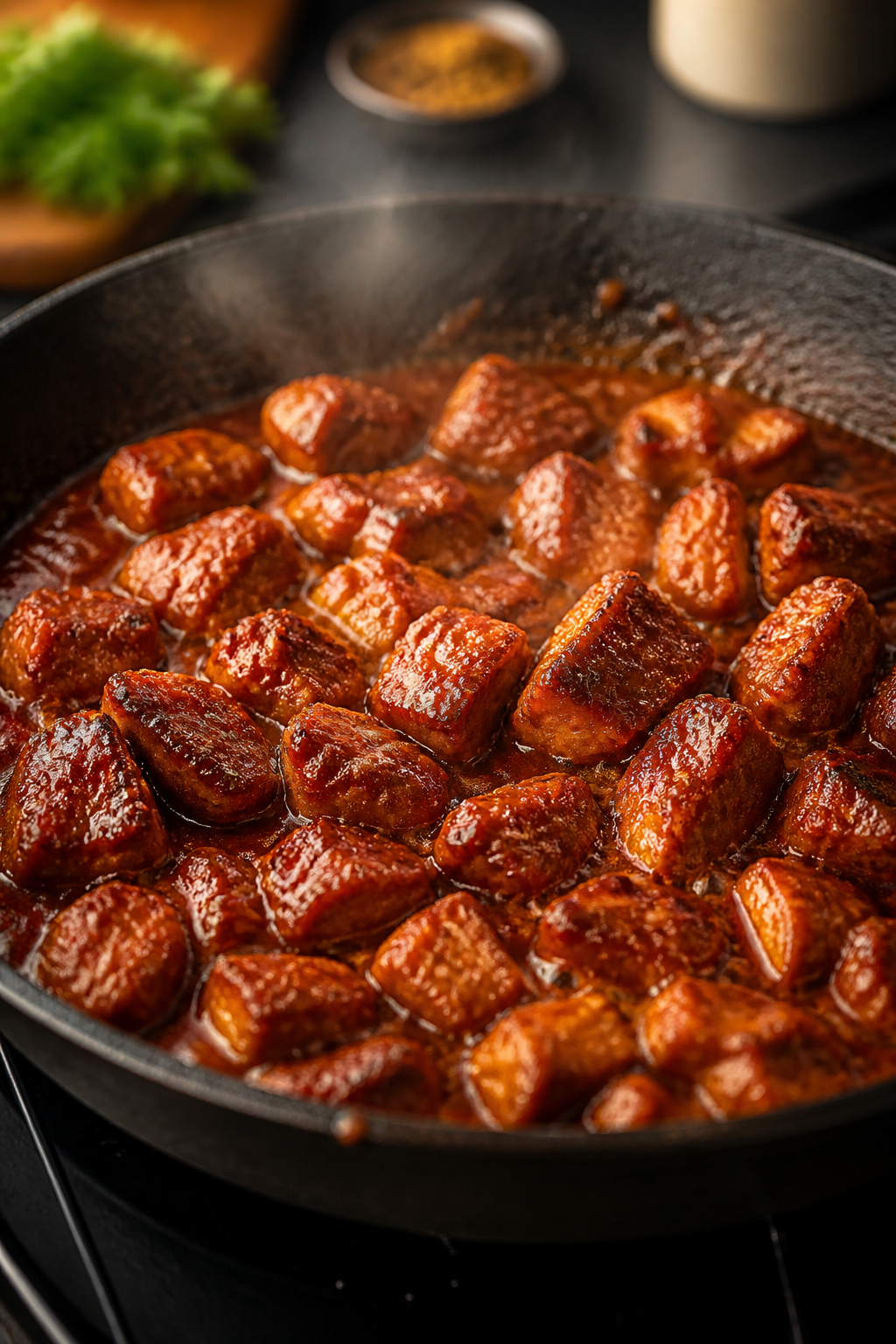 Cooking process close-up: Bite-size chicken pieces searing in a cast-iron skillet, coated in a gloss