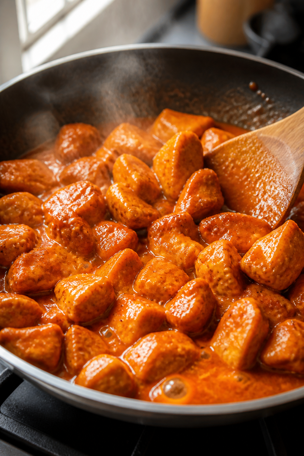 Cooking process close-up: Bite-size chicken pieces searing in a large skillet, fully cooked and glis