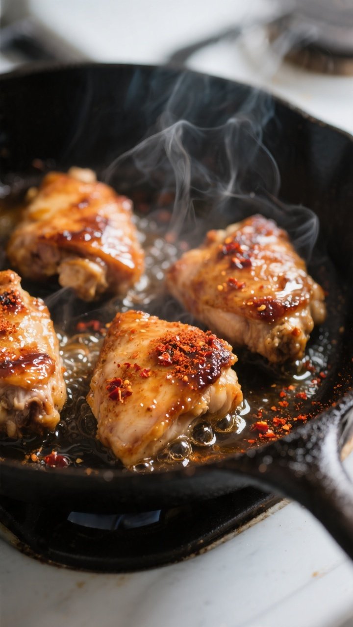 Cooking process close-up: Bite-size chicken thighs searing in a cast-iron skillet, edges deeply brow