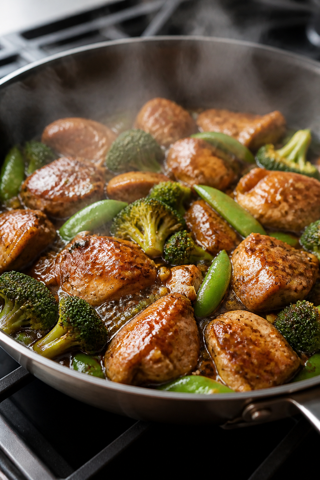 Cooking process close-up: Bite-size chicken thighs searing in a large skillet, golden-brown edges wi