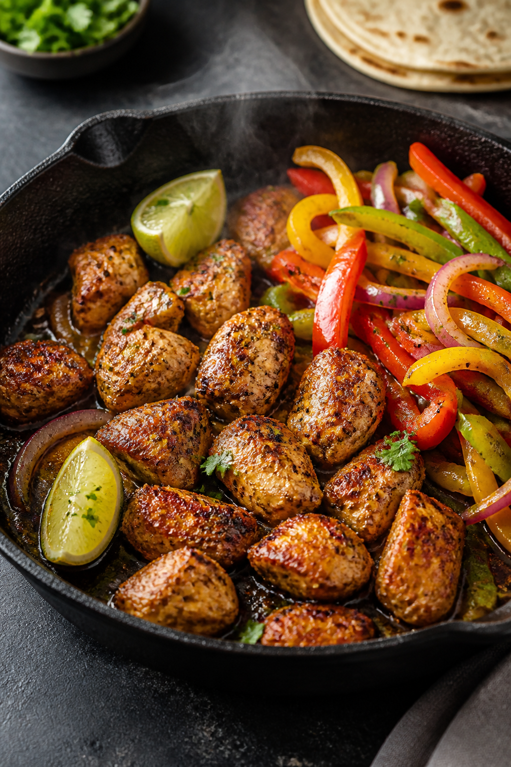 Cooking process close-up: Bite-sized chili-cumin chicken searing in a cast-iron skillet, edges caram
