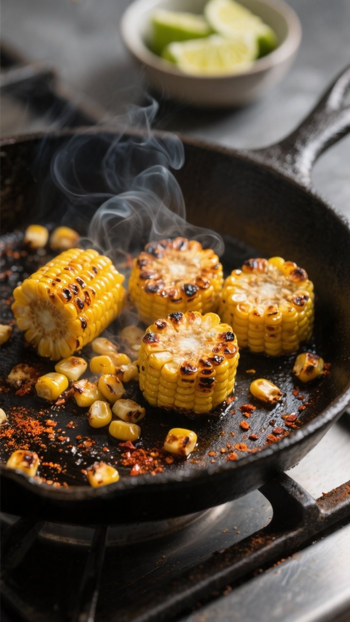 Cooking process close-up: Charred corn upgrade in action — corn kernels sizzling in a dry cast-iro