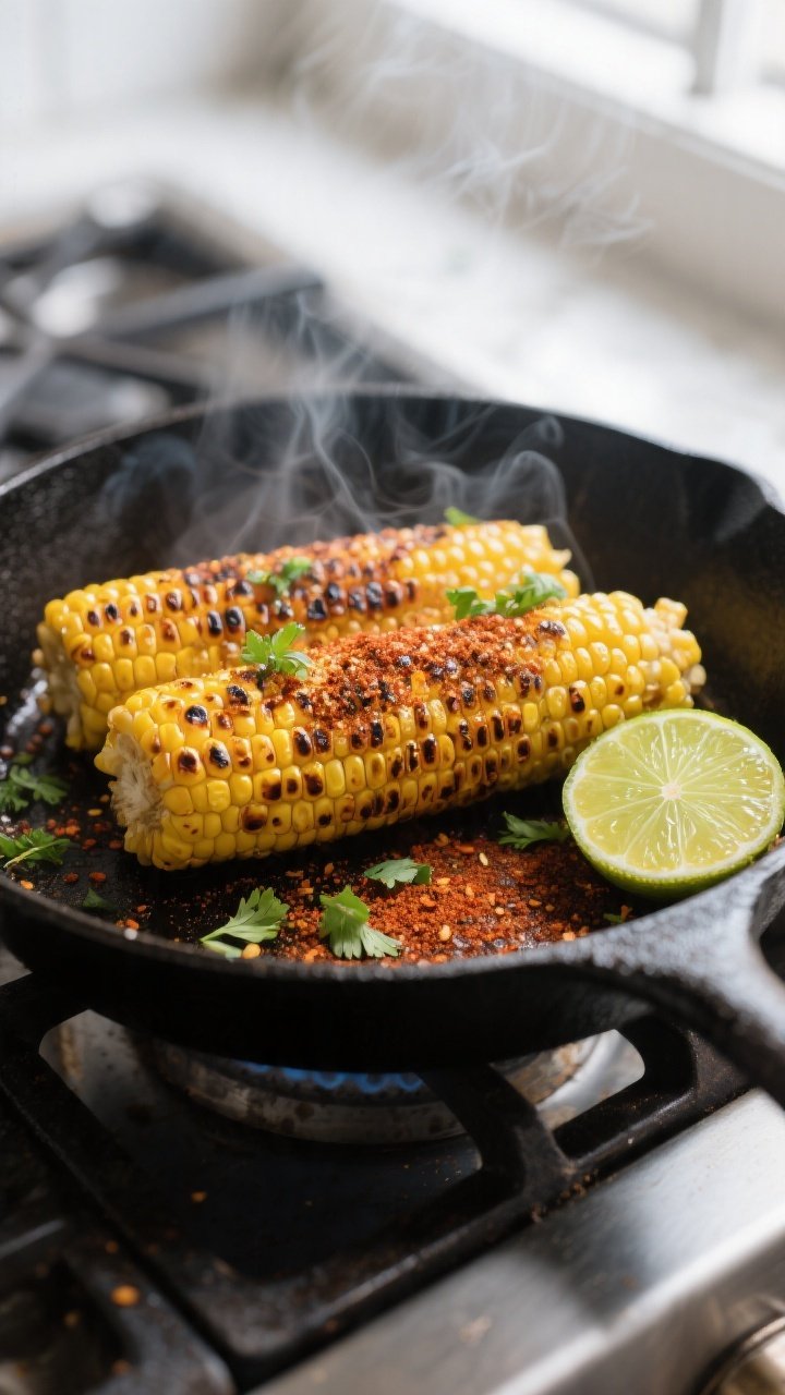 Cooking process close-up: Charred street corn sizzling in a black cast-iron skillet, golden-brown ke