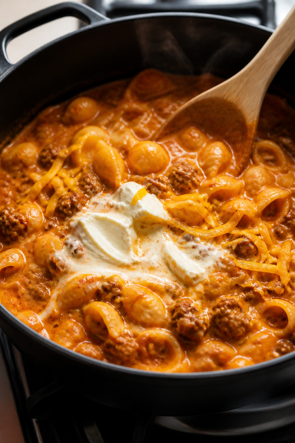 Cooking process close-up: Creamy taco pasta simmering in a matte black Dutch oven, short pasta shell