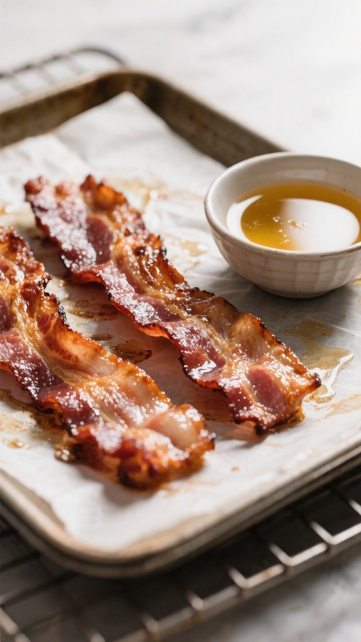 Cooking process close-up: Crisped thick-cut bacon just out of the oven on a parchment-lined sheet pa