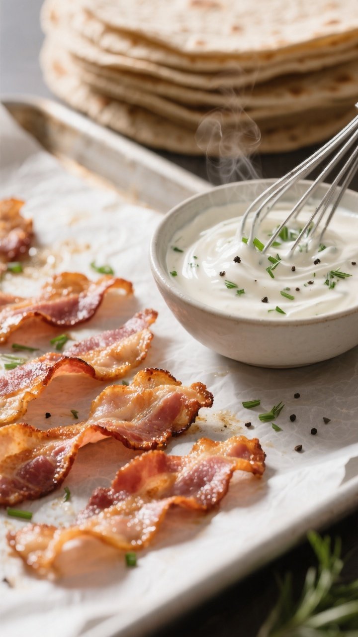 Cooking process close-up: Crisped turkey bacon cooling on a parchment-lined sheet next to a small bo