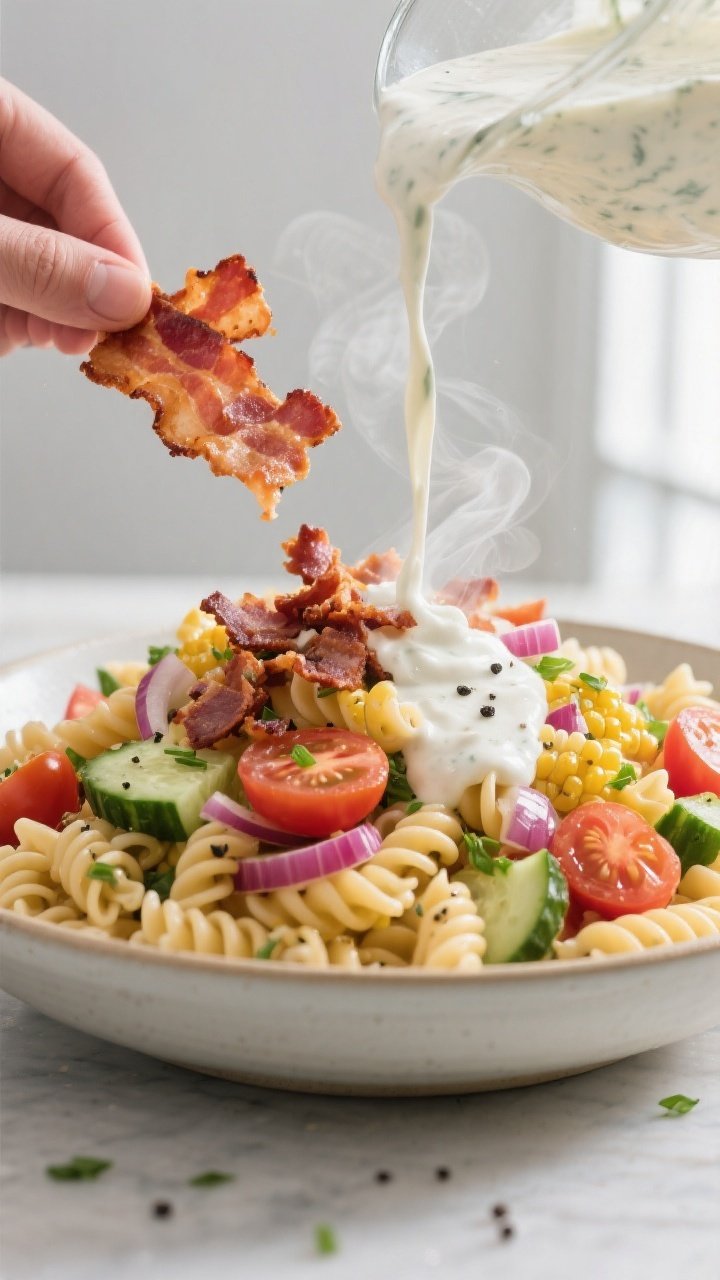 Cooking process close-up: Crispy bacon being crumbled over a large bowl of al dente rotini and vibra