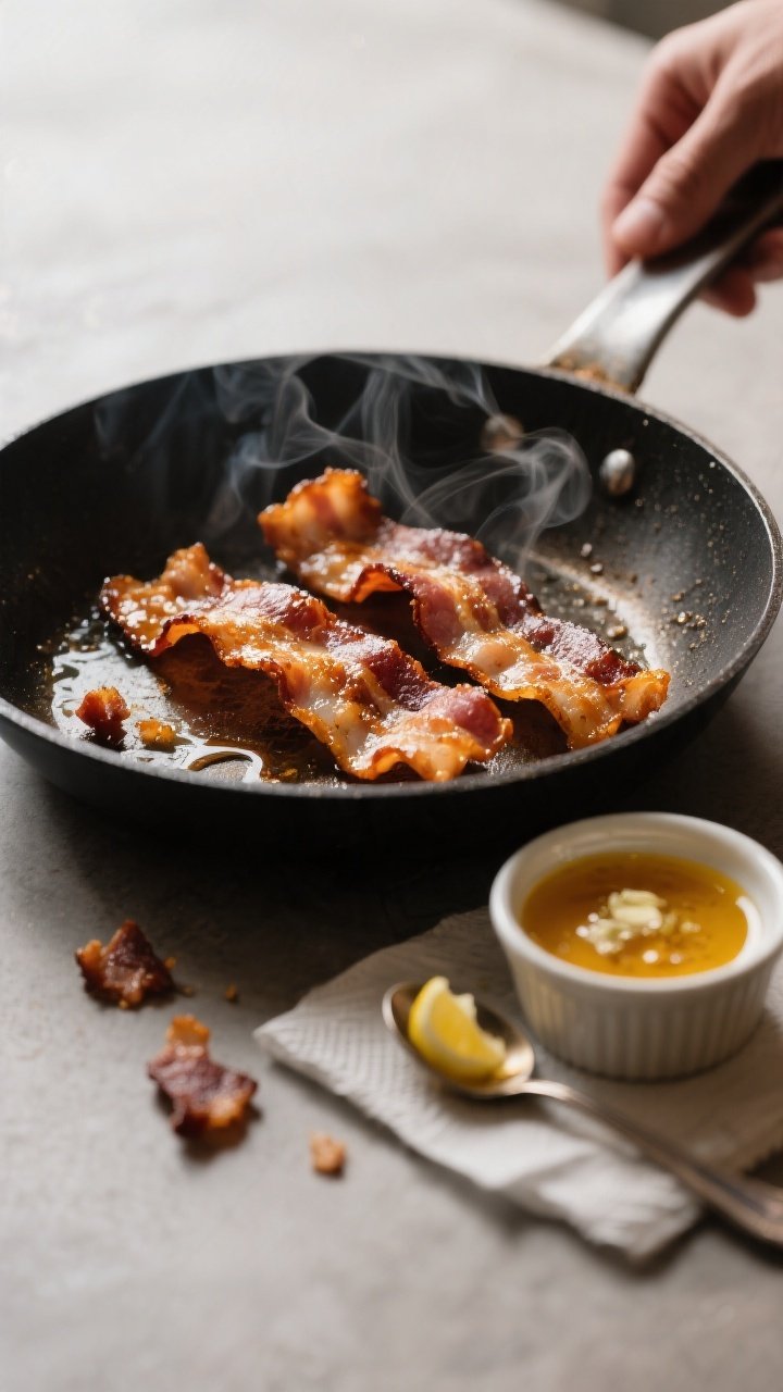 Cooking process close-up: Crispy bacon just finished in a skillet, golden-brown, glistening with ren