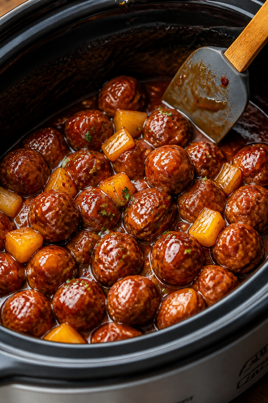 Cooking process close-up: Crockpot BBQ meatballs simmering in a glossy, tangy-sweet sauce inside a 4