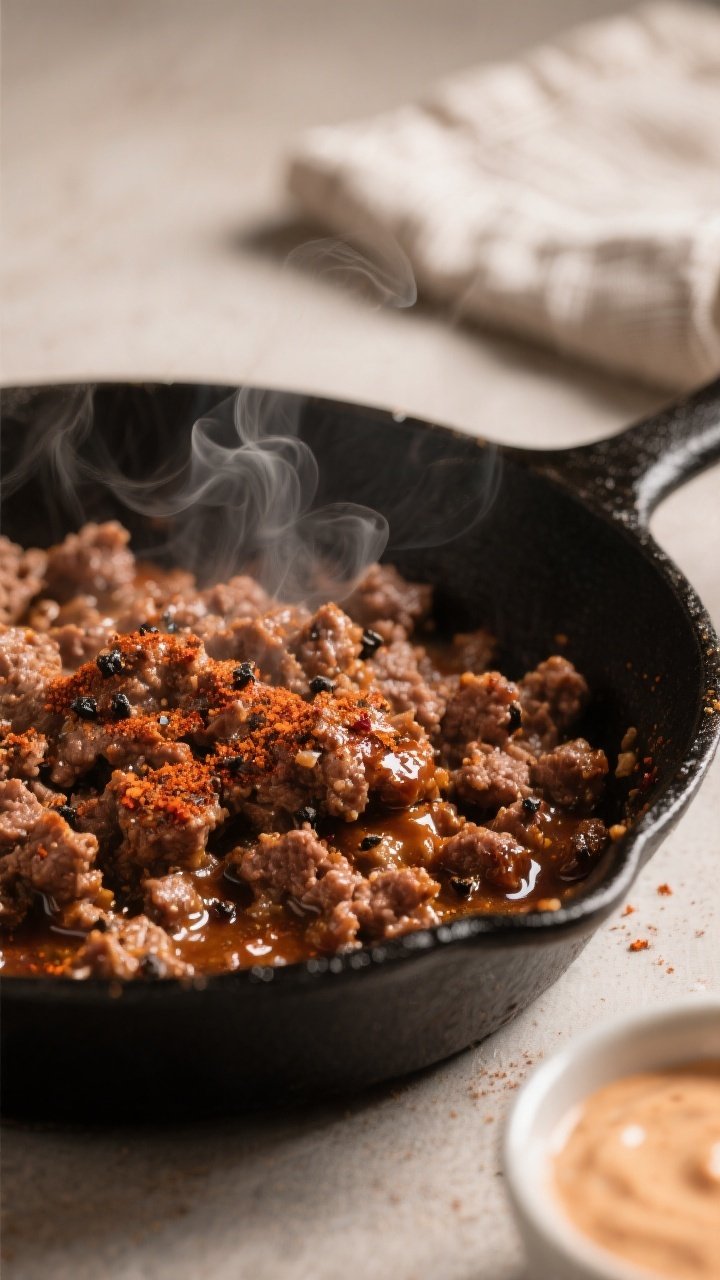 Cooking process close-up: Crumbled ground beef sizzling in a black cast-iron skillet, coated with a