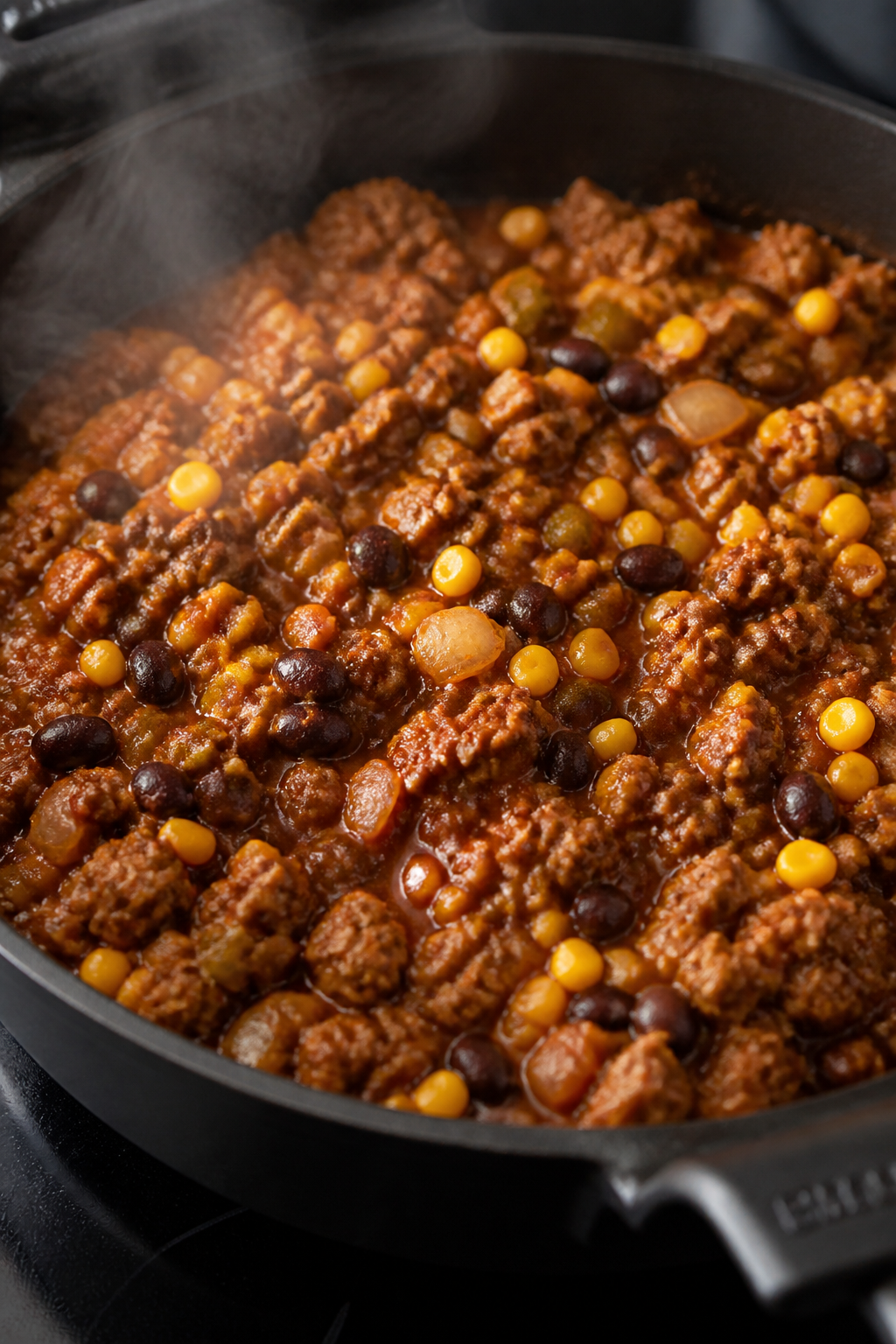 Cooking process, close-up detail: A sizzling skillet of browned lean ground beef mixed with diced ye