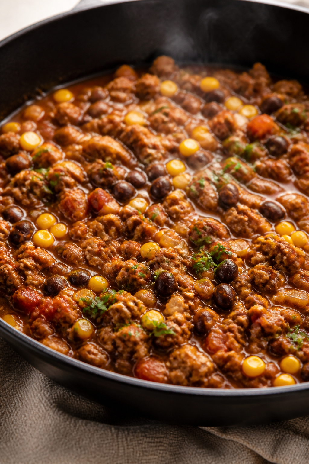 Cooking process, close-up detail: A sizzling skillet of browned ground turkey mixed with softened di