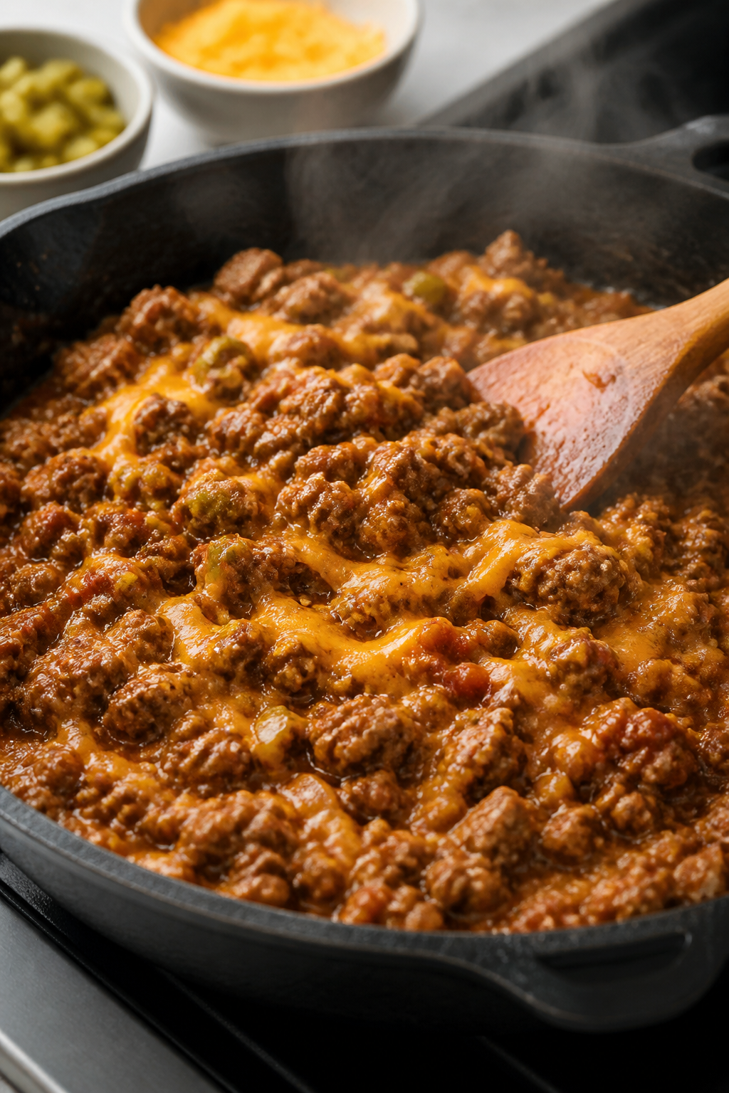 Cooking process, close-up detail: A skillet of browned ground beef being seasoned and mixed with tom