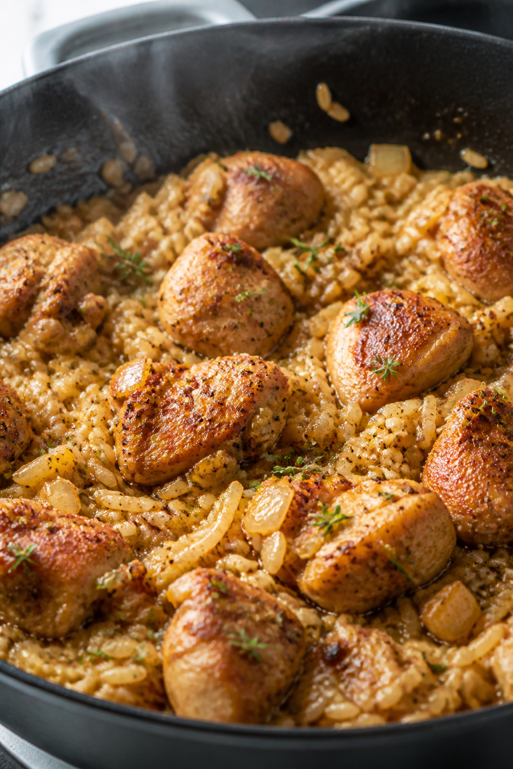 Cooking process, close-up detail: Close-up of bite-size chicken thighs sizzling in a deep skillet, l