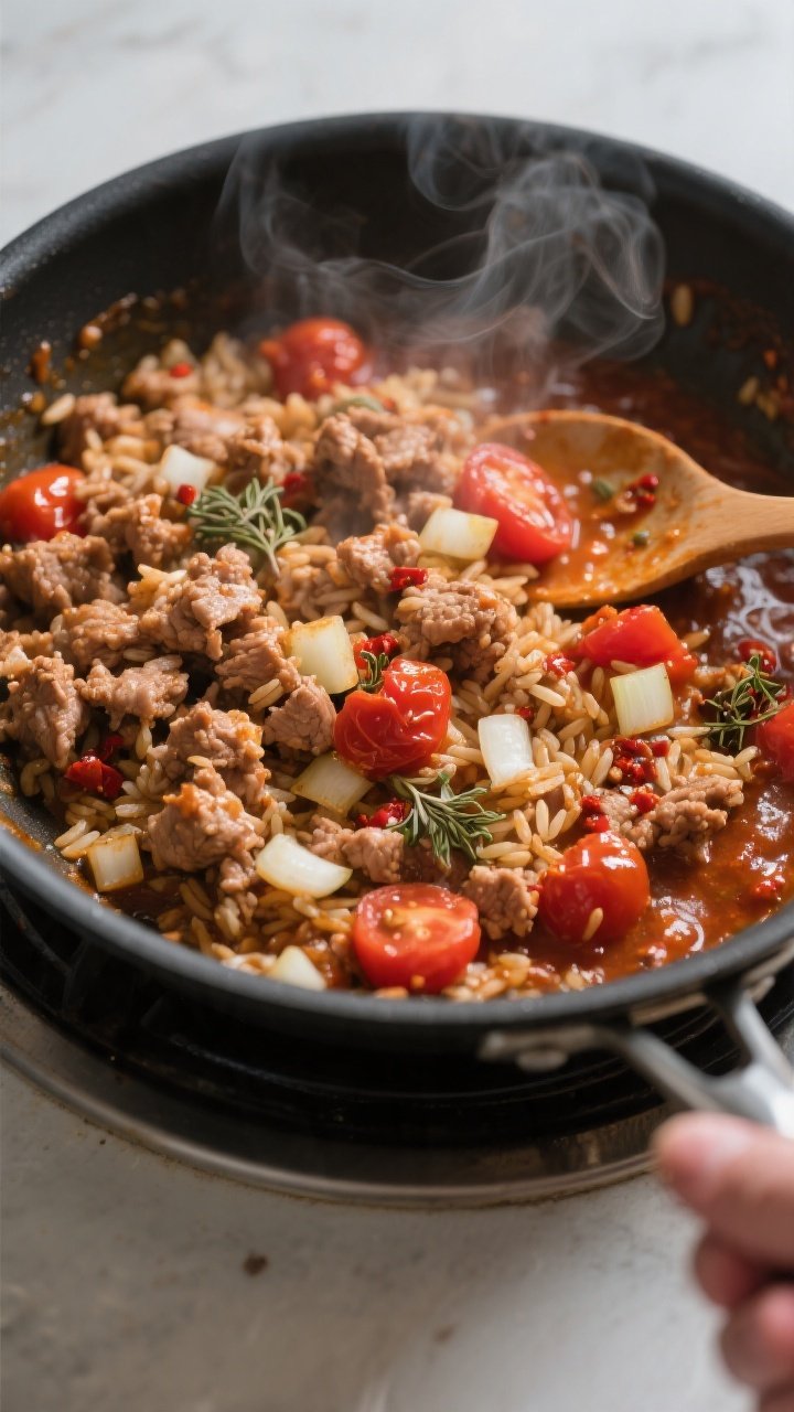 Cooking process, close-up detail: Close-up of browned ground turkey filling sizzling in a skillet wi