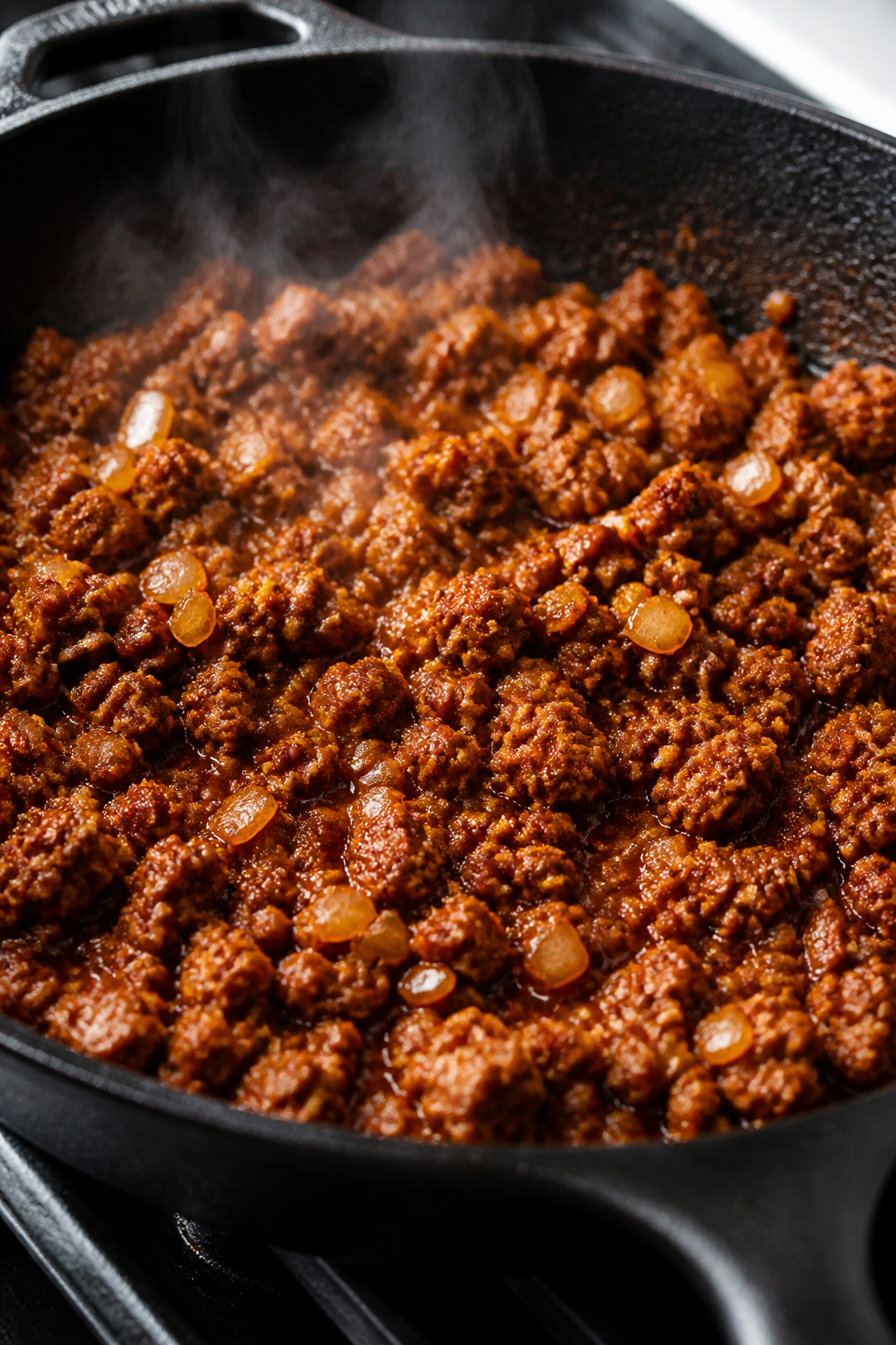 Cooking process, close-up detail: Close-up of browned, crumbled lean ground beef in a skillet just a