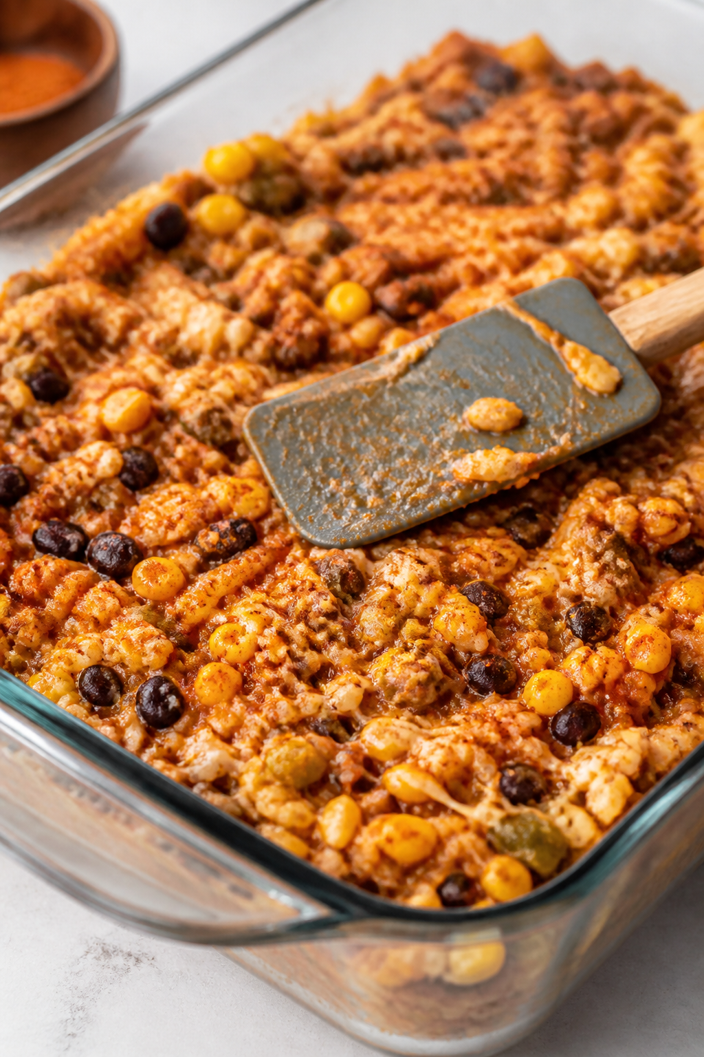Cooking process, close-up detail: Close-up of the enchilada rice mixture being spread evenly into a 