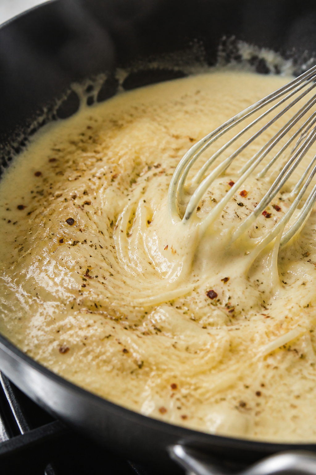 Cooking process, close-up detail: Creamy Alfredo-style sauce being whisked in a skillet over medium-