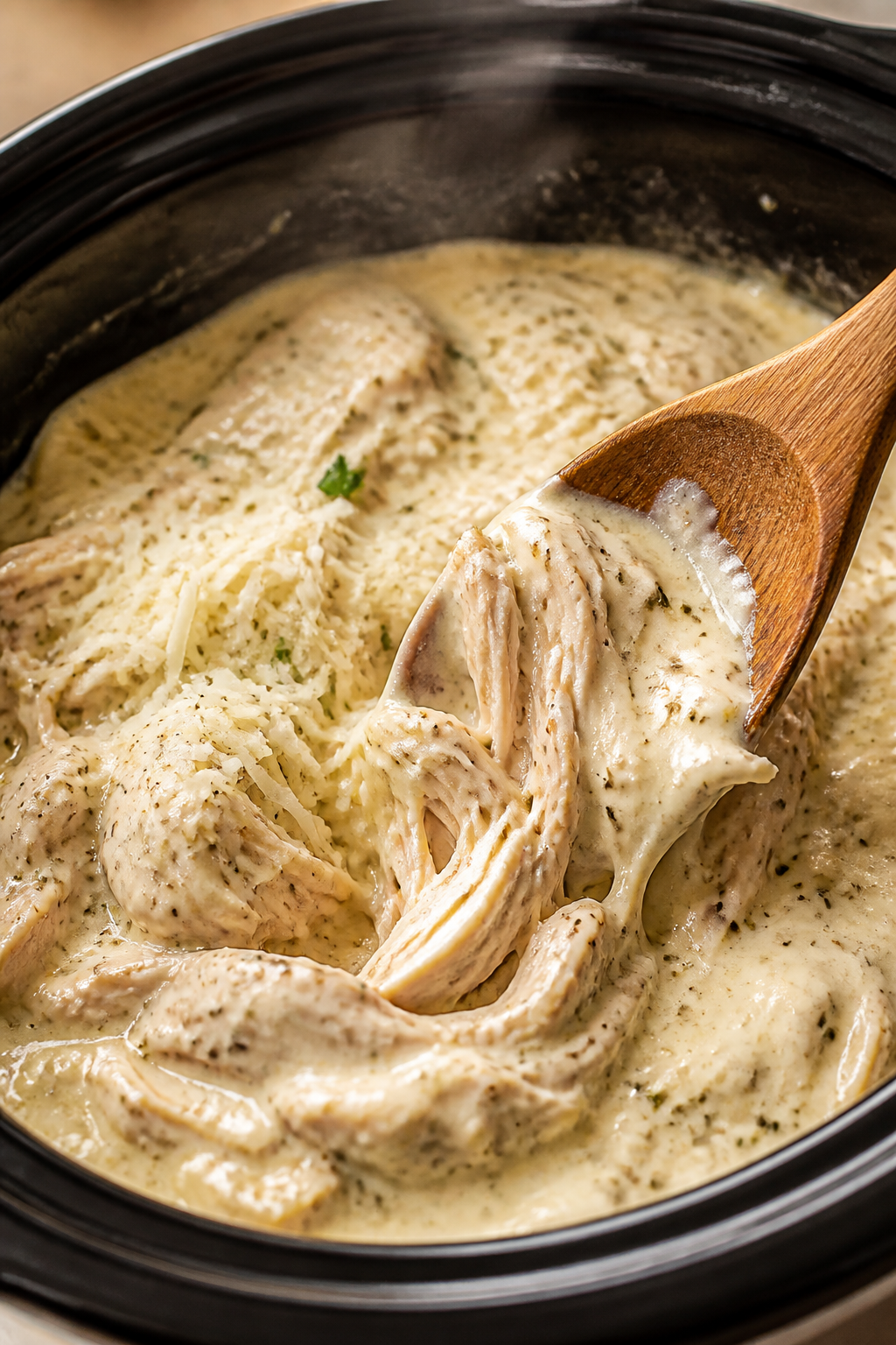 Cooking process, close-up detail: Crockpot creamy Italian chicken mid-cook, lid off, tender shredded