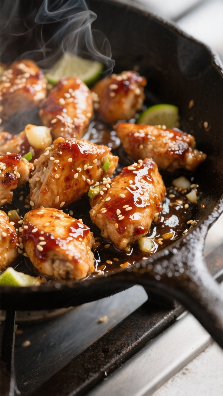 Cooking process, close-up detail: Glossy spicy honey chicken sizzling in a cast-iron skillet, bite-s