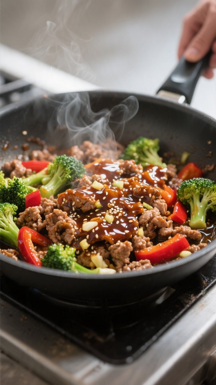Cooking process, close-up detail: Glossy teriyaki ground turkey and crisp-tender broccoli and red be