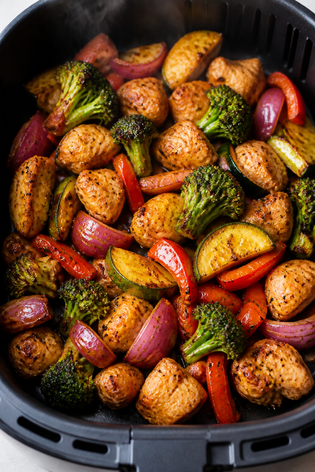 Cooking process, close-up detail: Golden, air-fried chicken bites and mixed veggies sizzling in an o