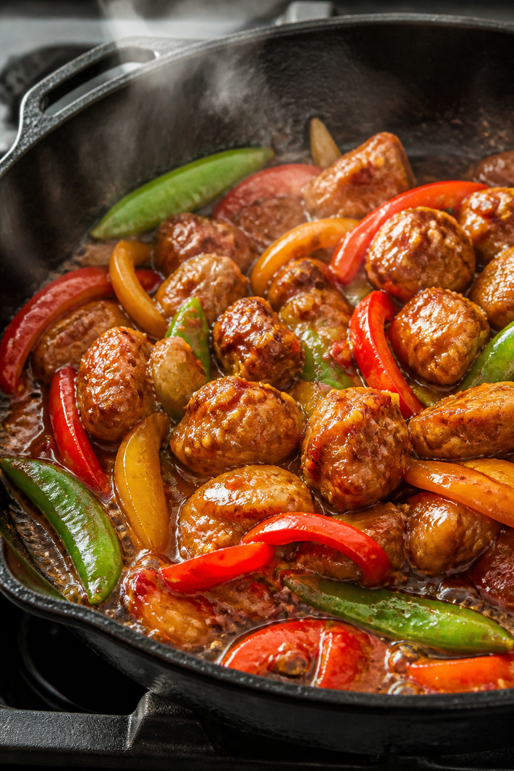 Cooking process, close-up detail: Golden-brown chicken bites sizzling in a well-seasoned cast-iron s