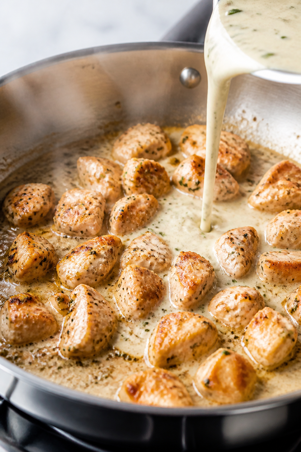 Cooking process, close-up detail: Golden-browned chicken bites sizzling in a stainless-steel skillet