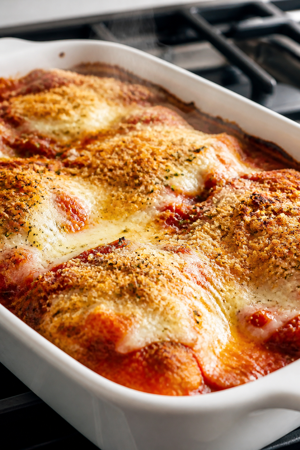 Cooking process, close-up detail: Golden, bubbling Chicken Parmesan Bake just pulled from the oven i