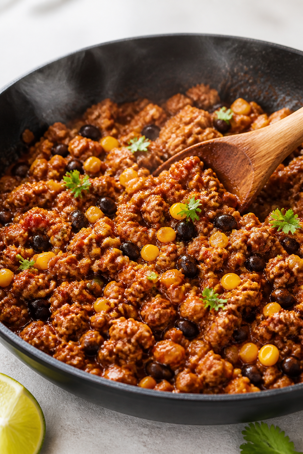 Cooking process, close-up detail: Ground turkey browning in a wide skillet after onions and garlic h