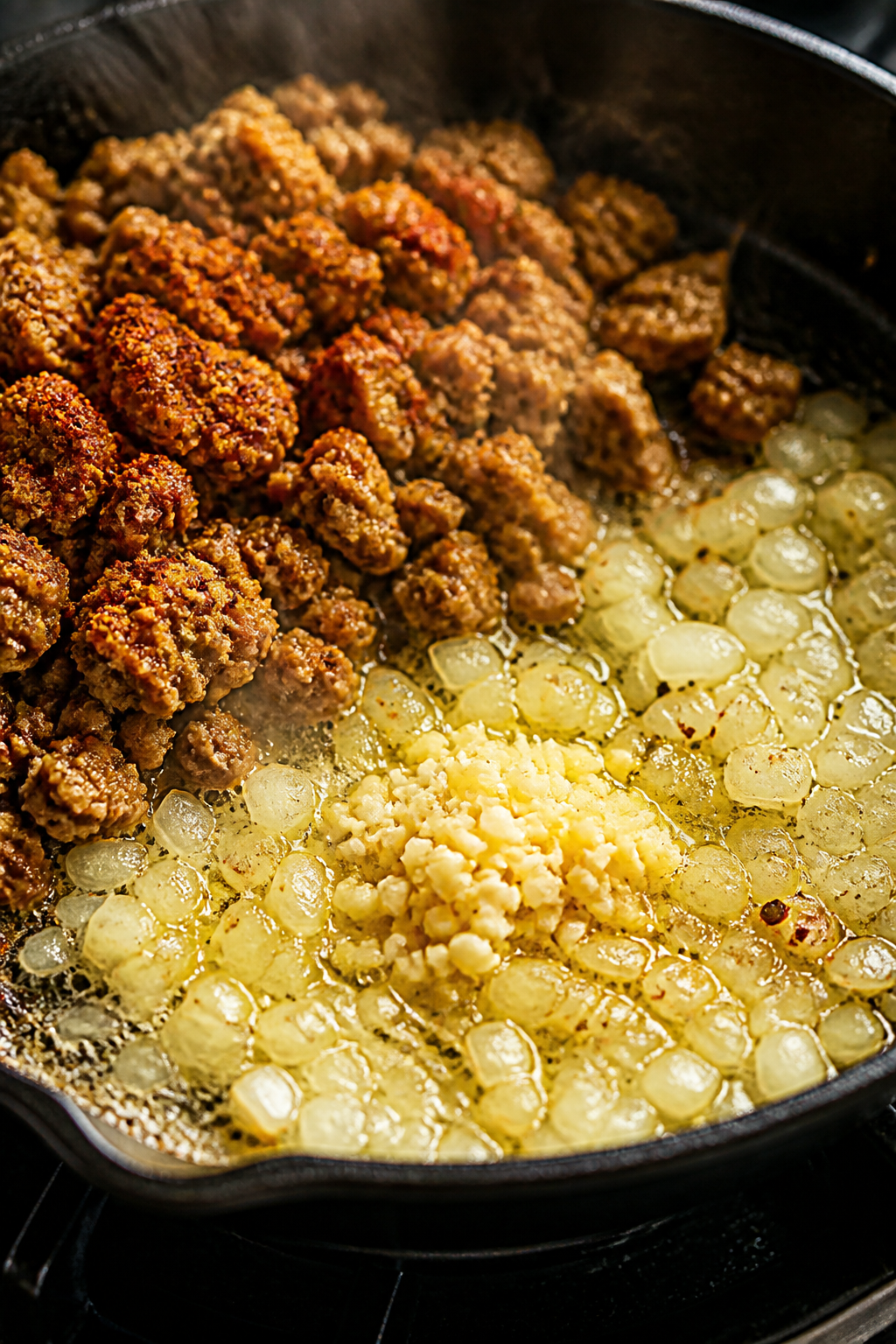 Cooking process, close-up detail: In-skillet shot of browned ground turkey pushed to one side while 