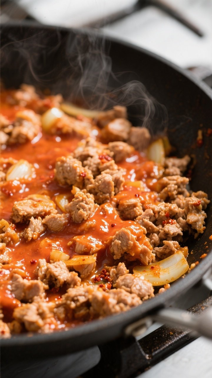 Cooking process, close-up detail: Sautéed ground turkey crumbles in a large skillet just after bein