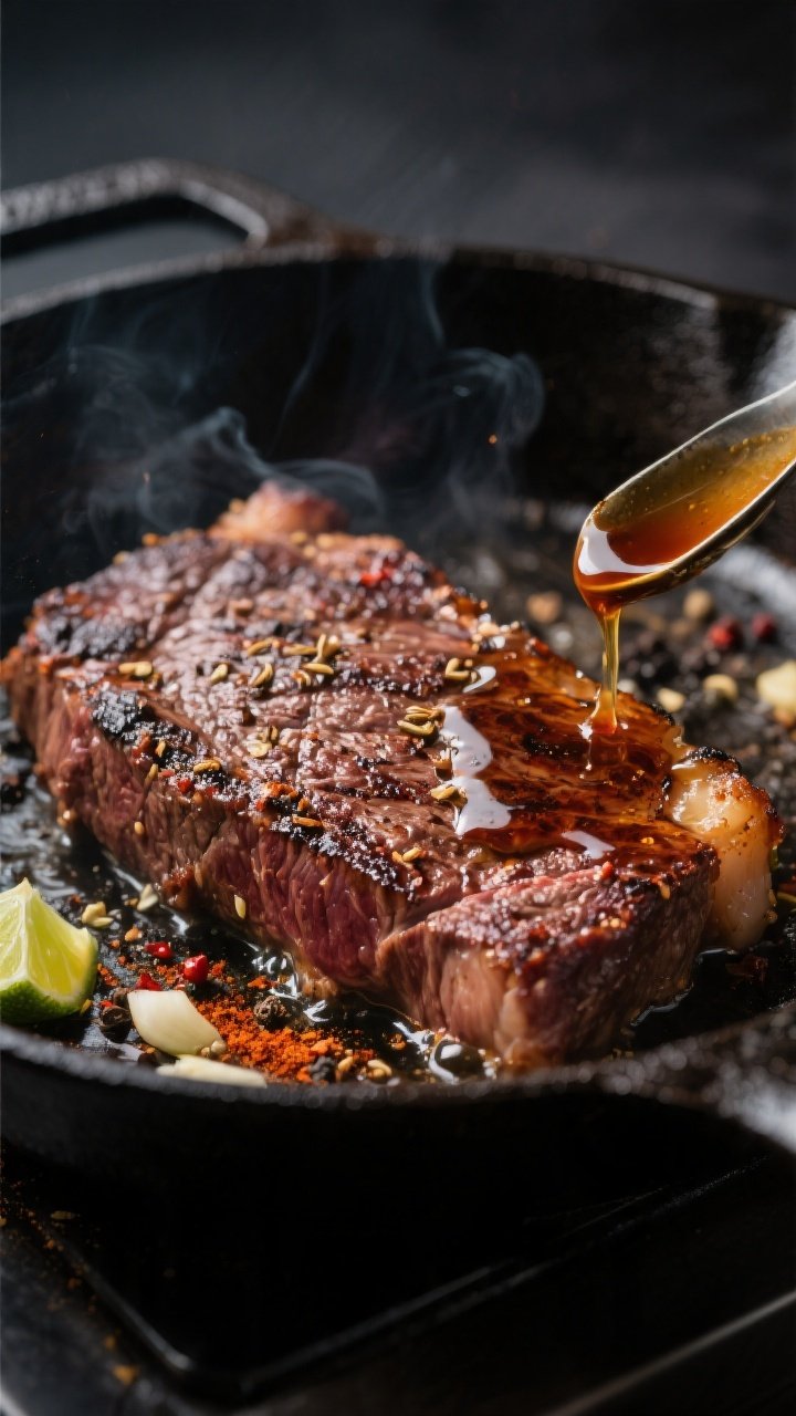 Cooking process, close-up detail: Searing flank steak in a ripping-hot cast-iron skillet, deep mahog