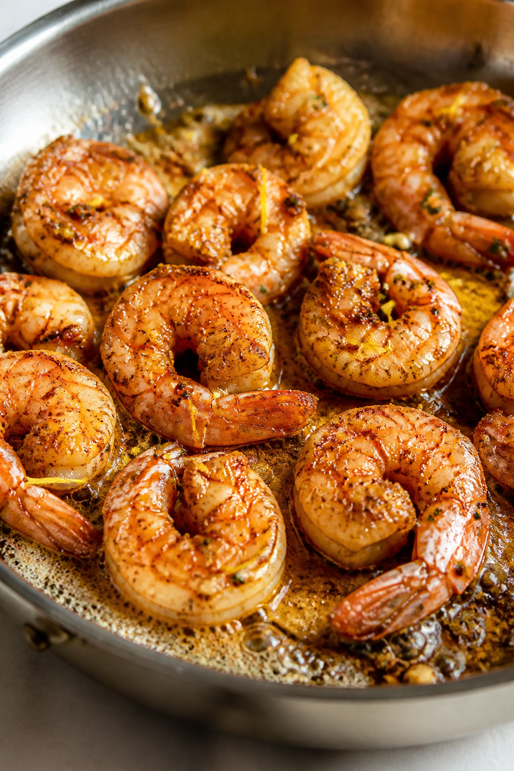 Cooking process, close-up detail: Searing garlic butter shrimp in a stainless steel skillet, shrimp 