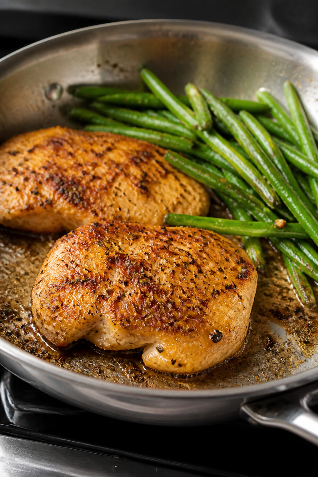 Cooking process, close-up detail: Searing garlic-Parmesan chicken cutlets in a stainless steel skill