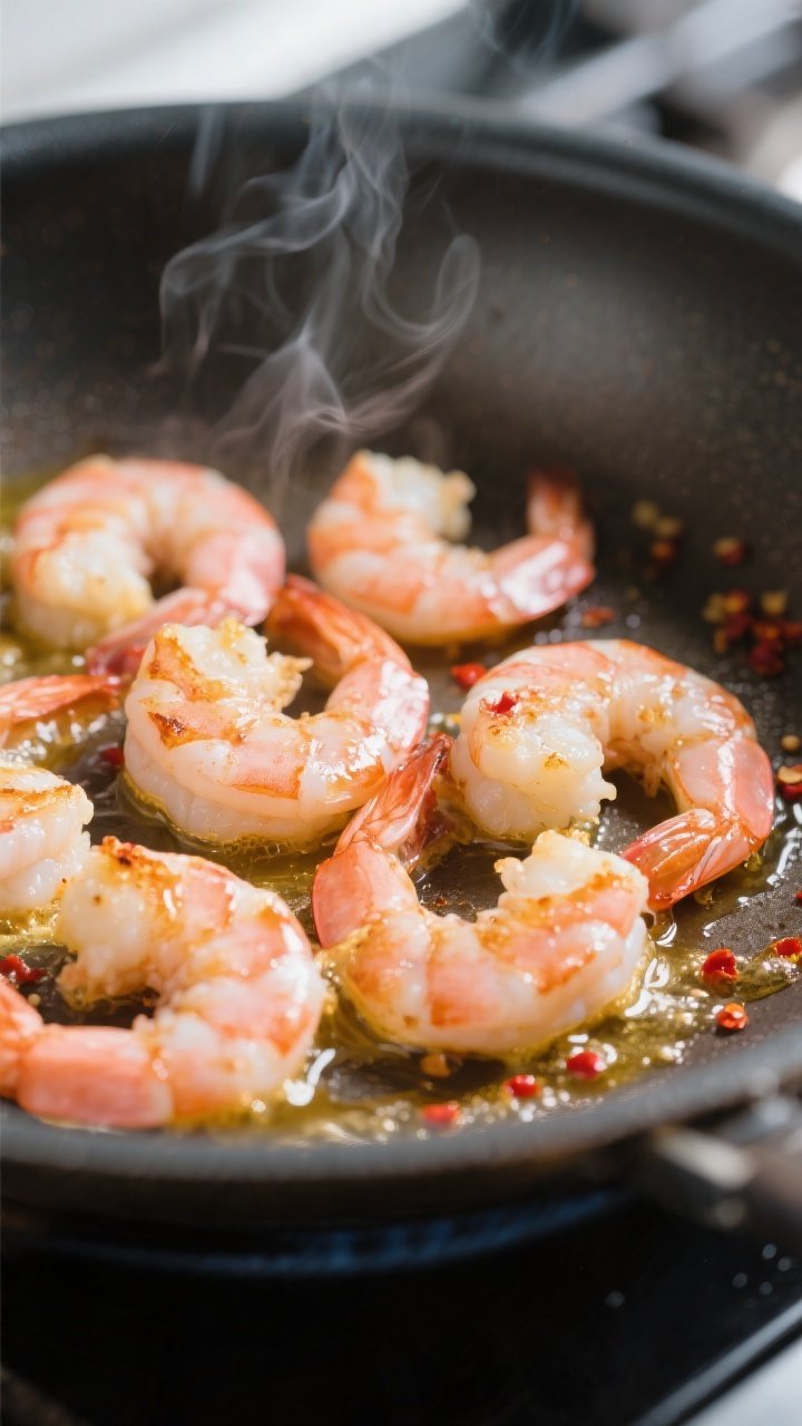 Cooking process, close-up detail: Searing large shrimp in a hot skillet, just-turned pink and opaque