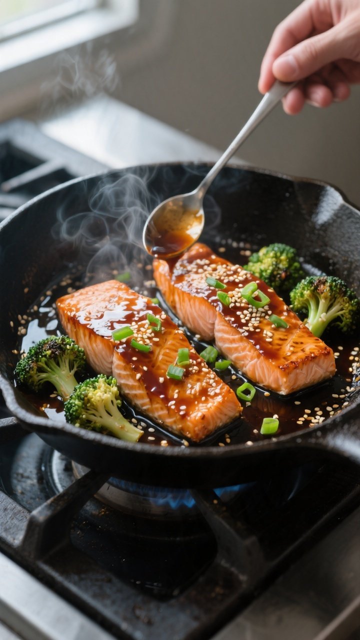 Cooking process, close-up detail: Searing salmon fillets presentation-side down in a large cast-iron