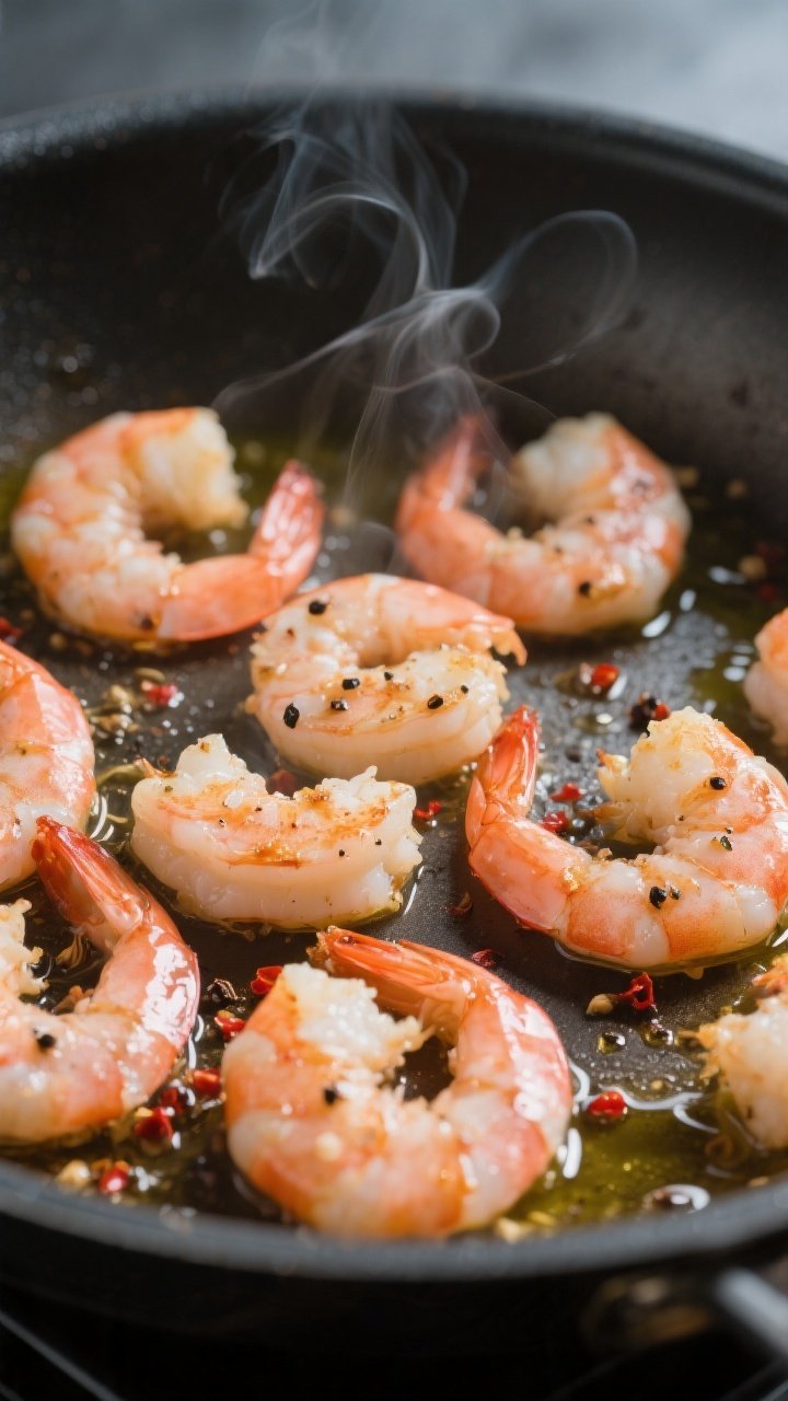 Cooking process, close-up detail: Searing shrimp in a large skillet over medium-high heat, shrimp ju