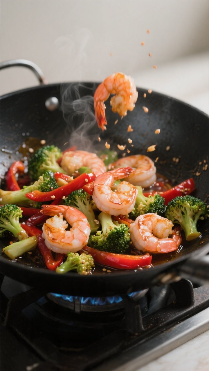 Cooking process, close-up detail: Shrimp searing in a wok over medium-high heat, just-opaque pink sh