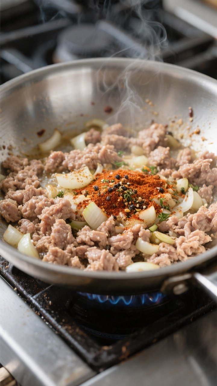 Cooking process, close-up detail: Sizzling ground turkey in a wide stainless-steel skillet just afte