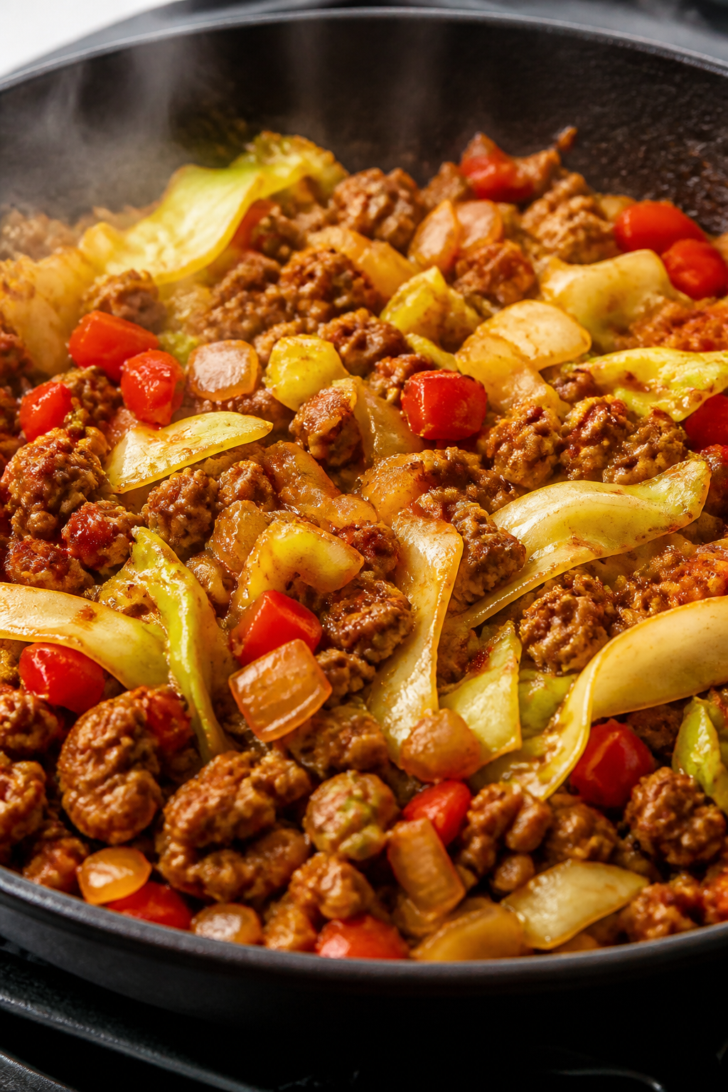 Cooking process, close-up detail: Sizzling taco cabbage skillet mid-cook, close-up of browned lean g