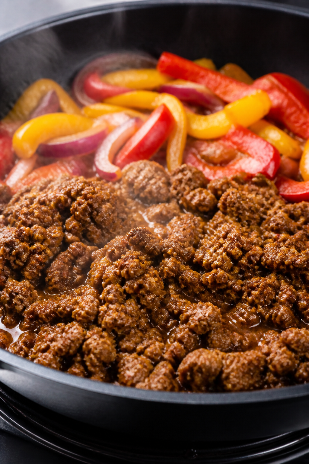 Cooking process, close-up detail: Sizzling taco-seasoned ground beef in a wide skillet, glistening a